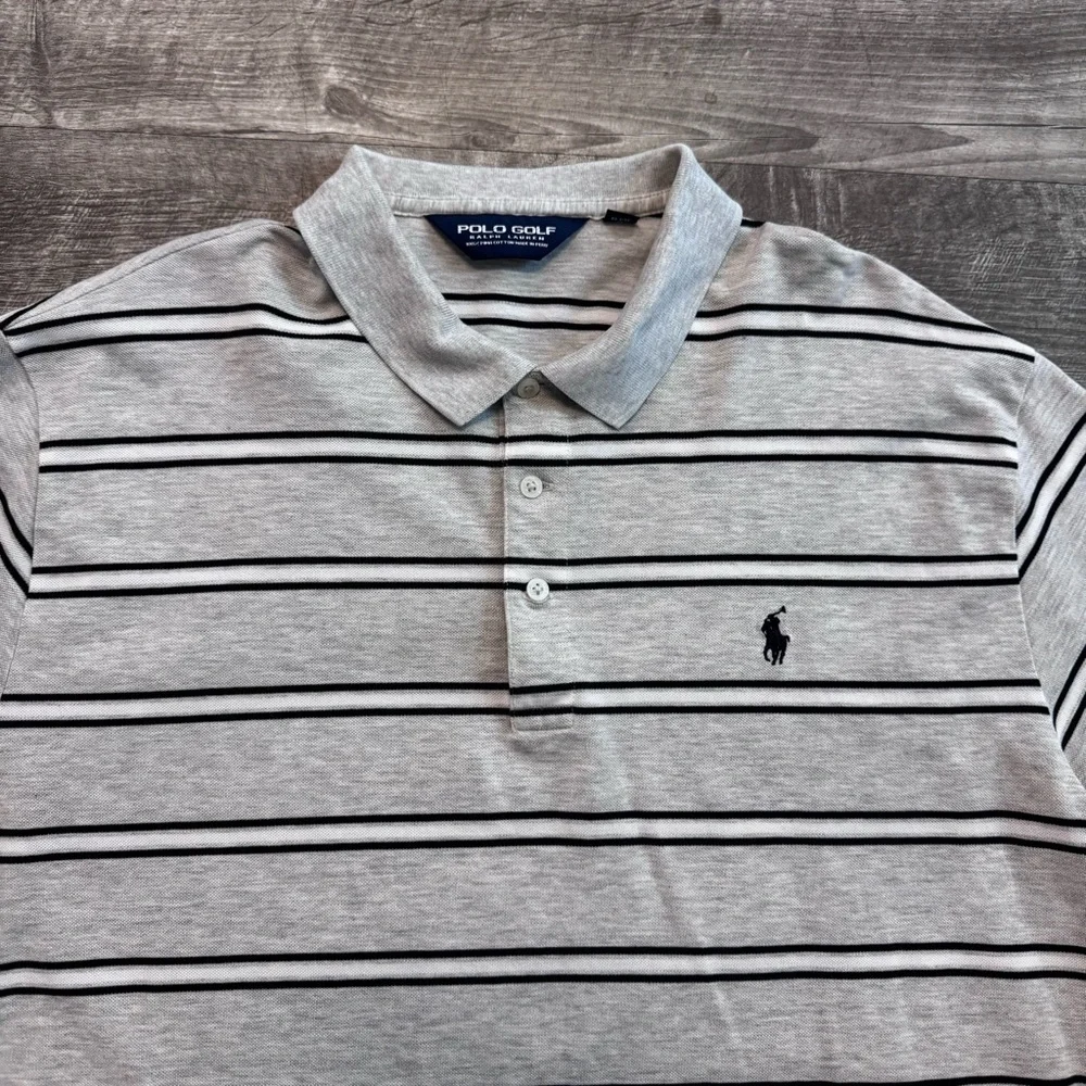 Polo Golf Ralph Lauren Gray Black White Stripe Short Sleeve Polo Shirt Mens XL